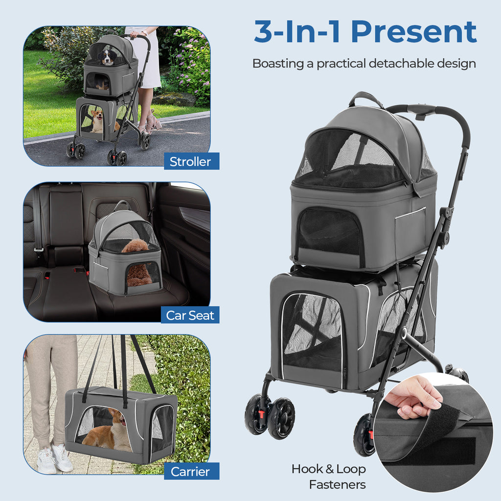 Double Pet Stroller 3-in-1 Foldable Dog Carrier with 2 Detachable Carriers - Gray, Side Pocket