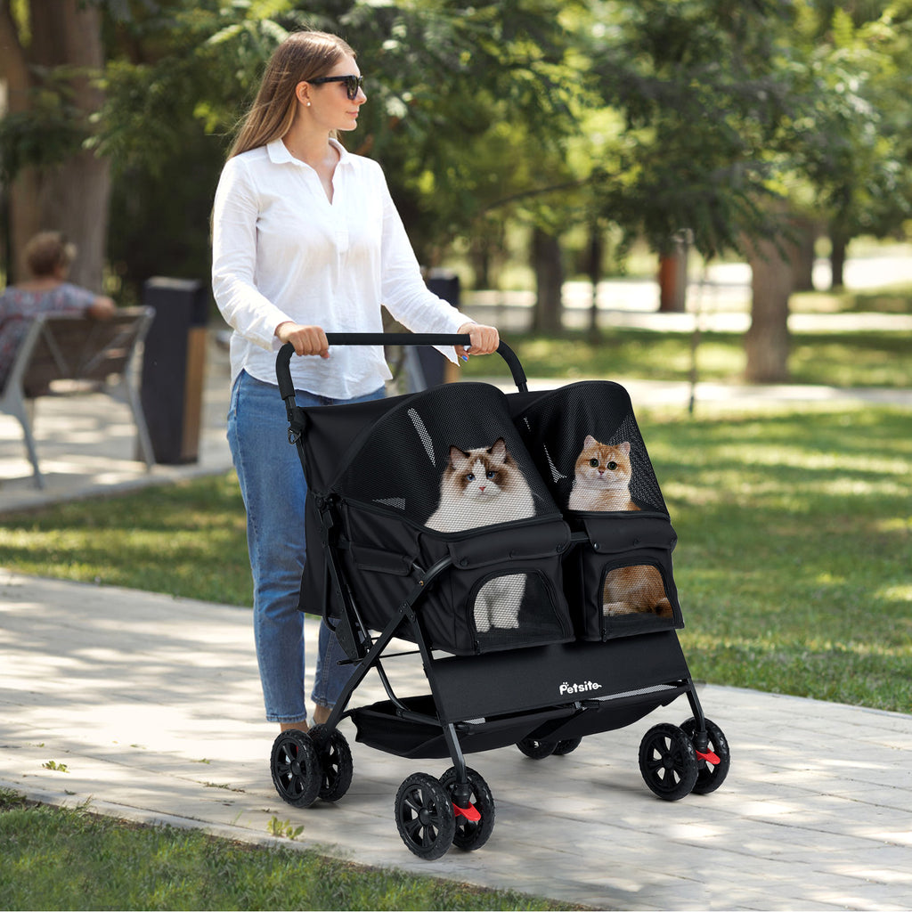 Gray Foldable Double Pet Stroller with Adjustable Sunshade & Storage Basket