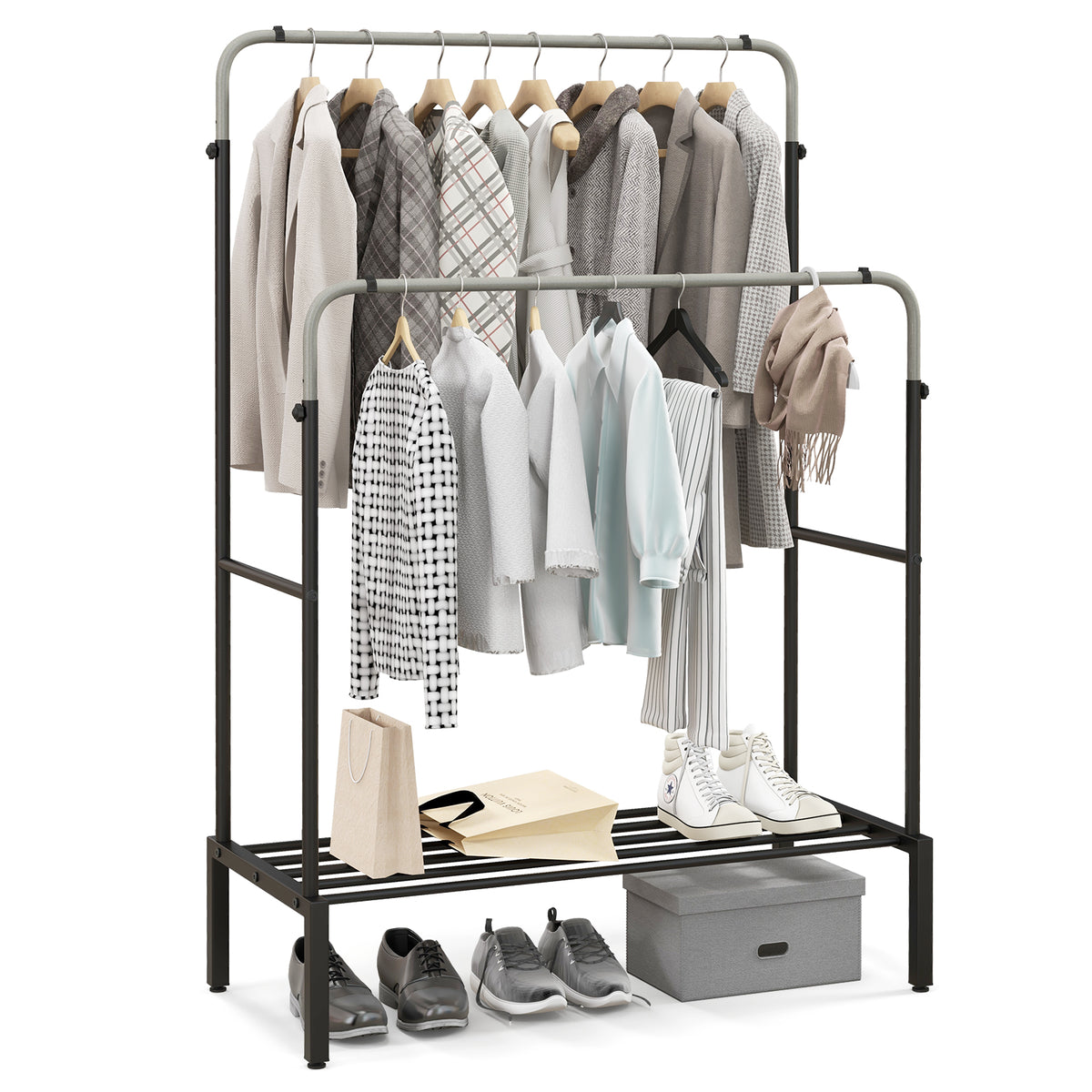 Double Rod Garment Rack with Adjustable Heights - Silver