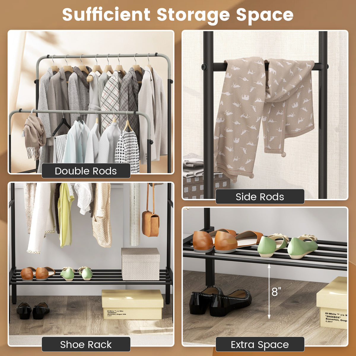Double Rod Garment Rack with Adjustable Heights - Silver