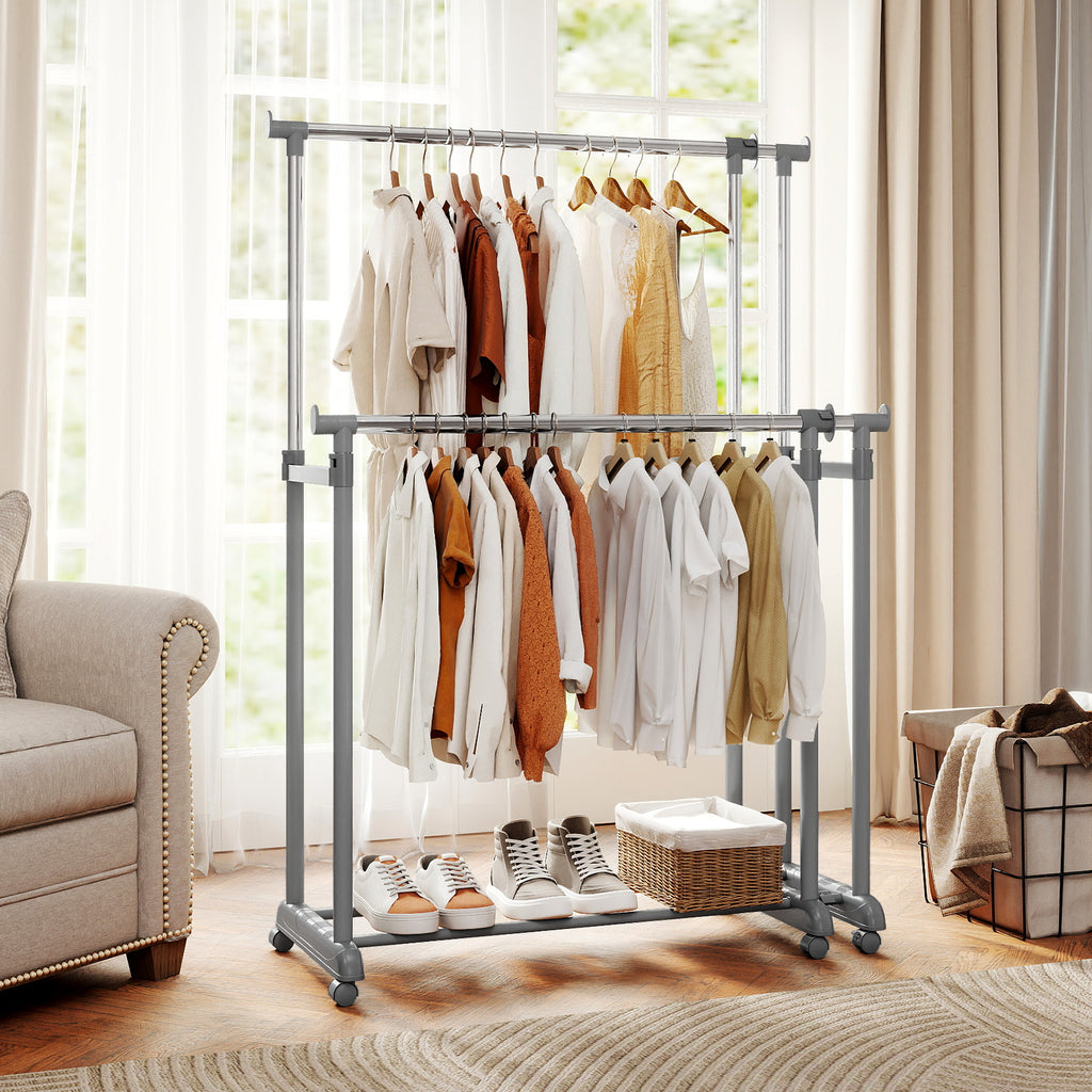 Double Rod Garment Rack - Adjustable Height & Width, Heavy-Duty