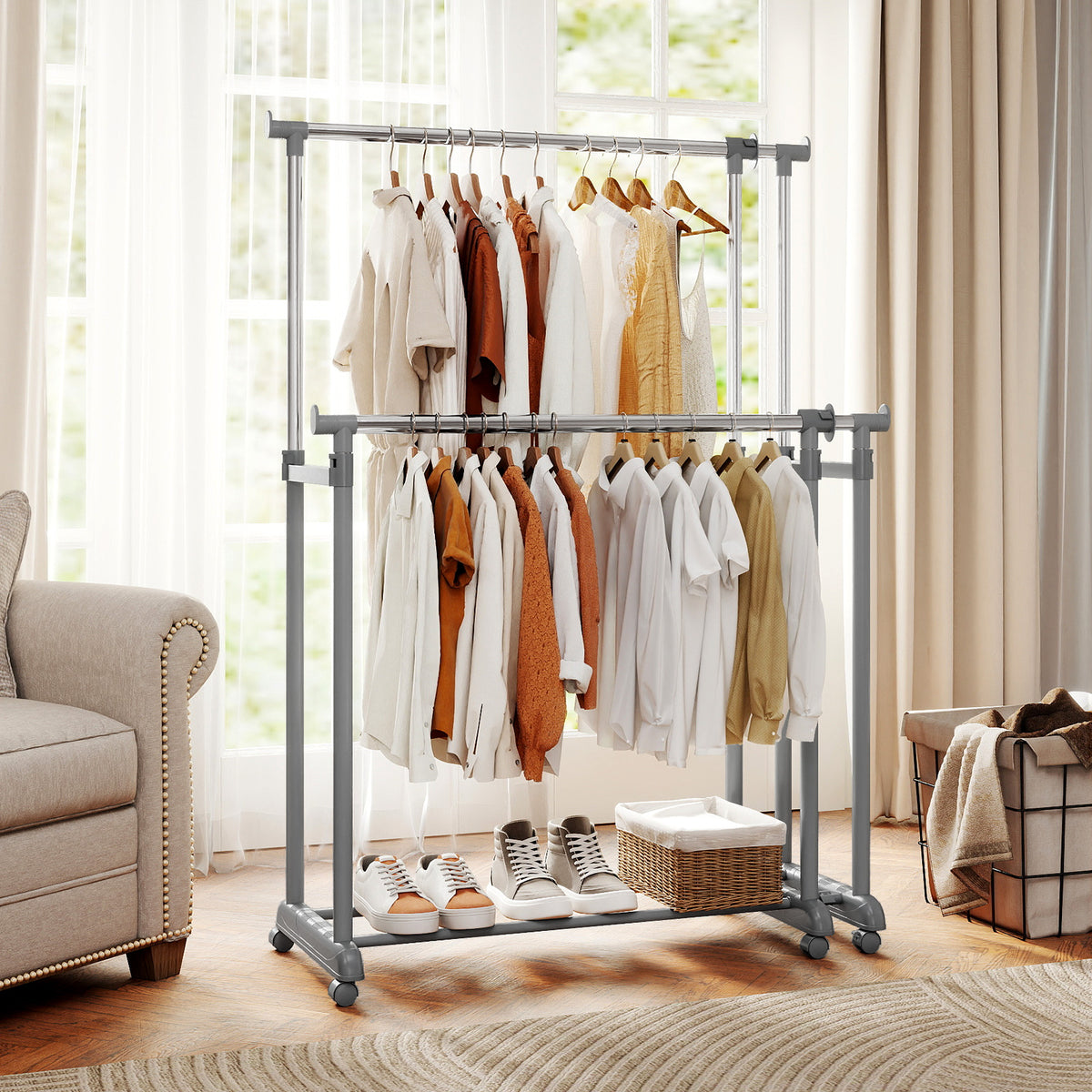 Double Rod Garment Rack - Adjustable Height & Width, Heavy-Duty