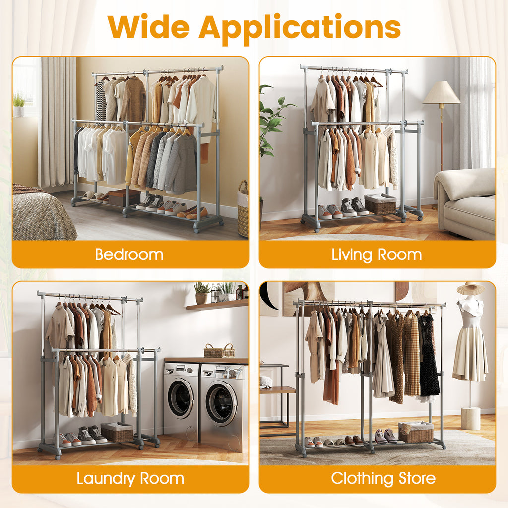 Double Rod Garment Rack - Adjustable Height & Width, Heavy-Duty
