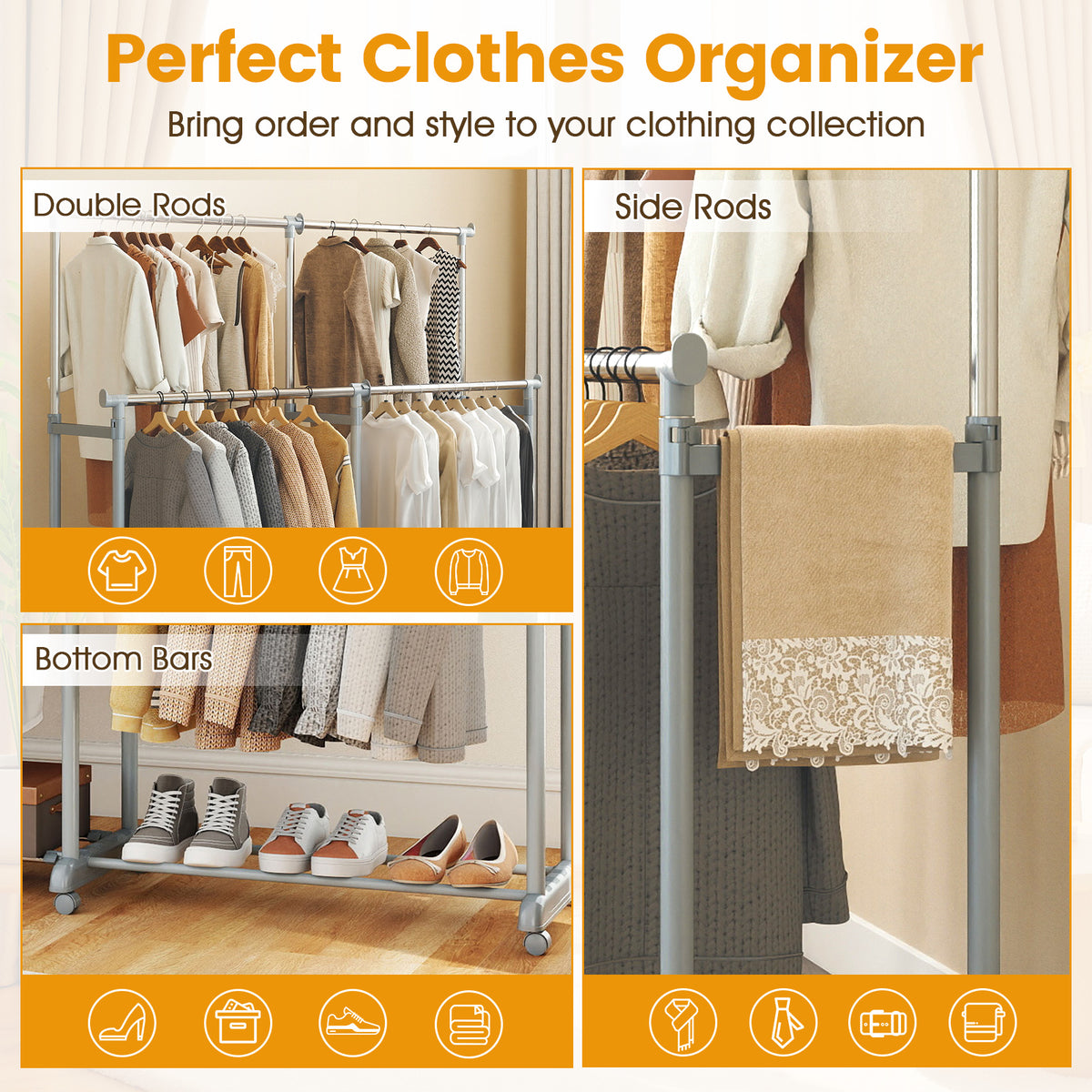Double Rod Garment Rack - Adjustable Height & Width, Heavy-Duty