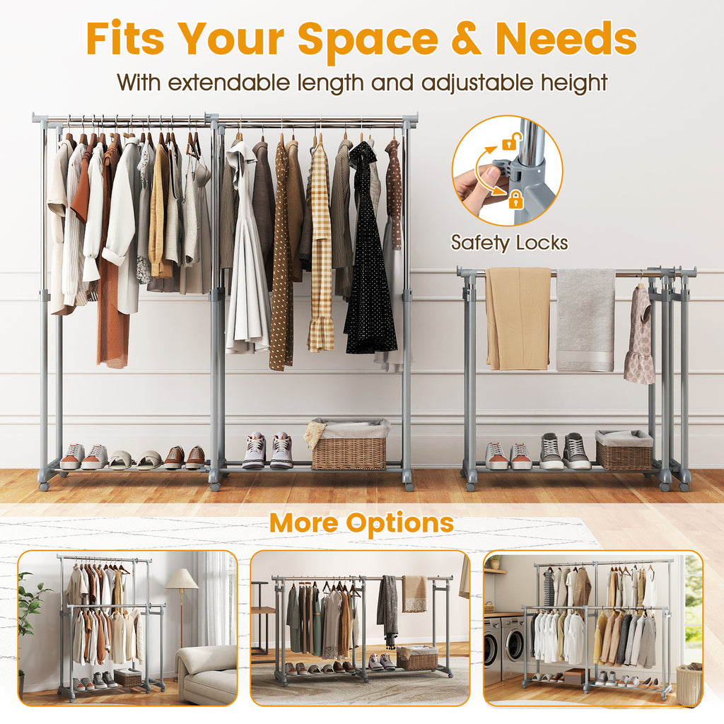 Double Rod Garment Rack - Adjustable Height & Width, Heavy-Duty