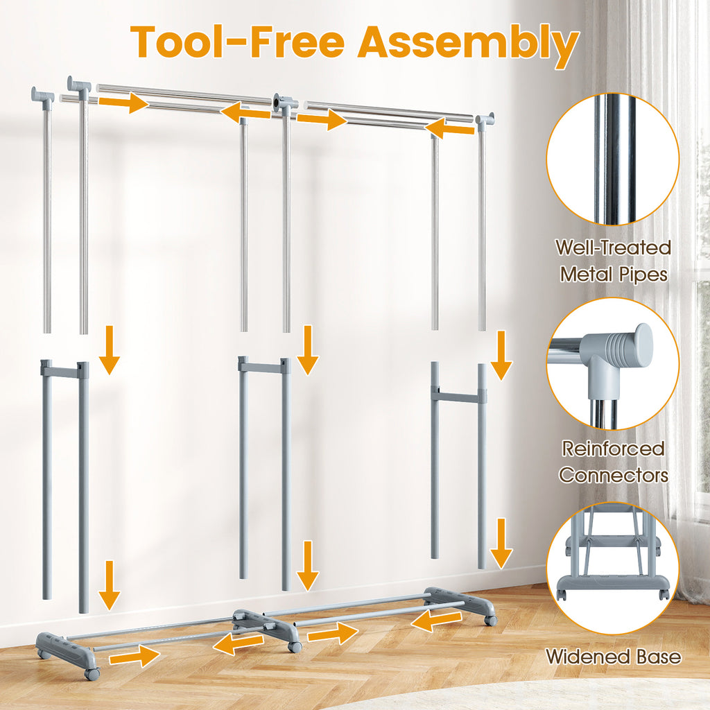 Double Rod Garment Rack - Adjustable Height & Width, Heavy-Duty