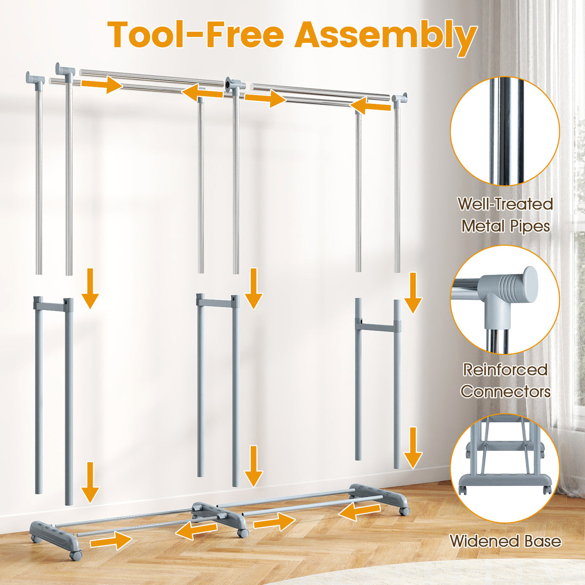 Double Rod Garment Rack - Adjustable Height & Width, Heavy-Duty