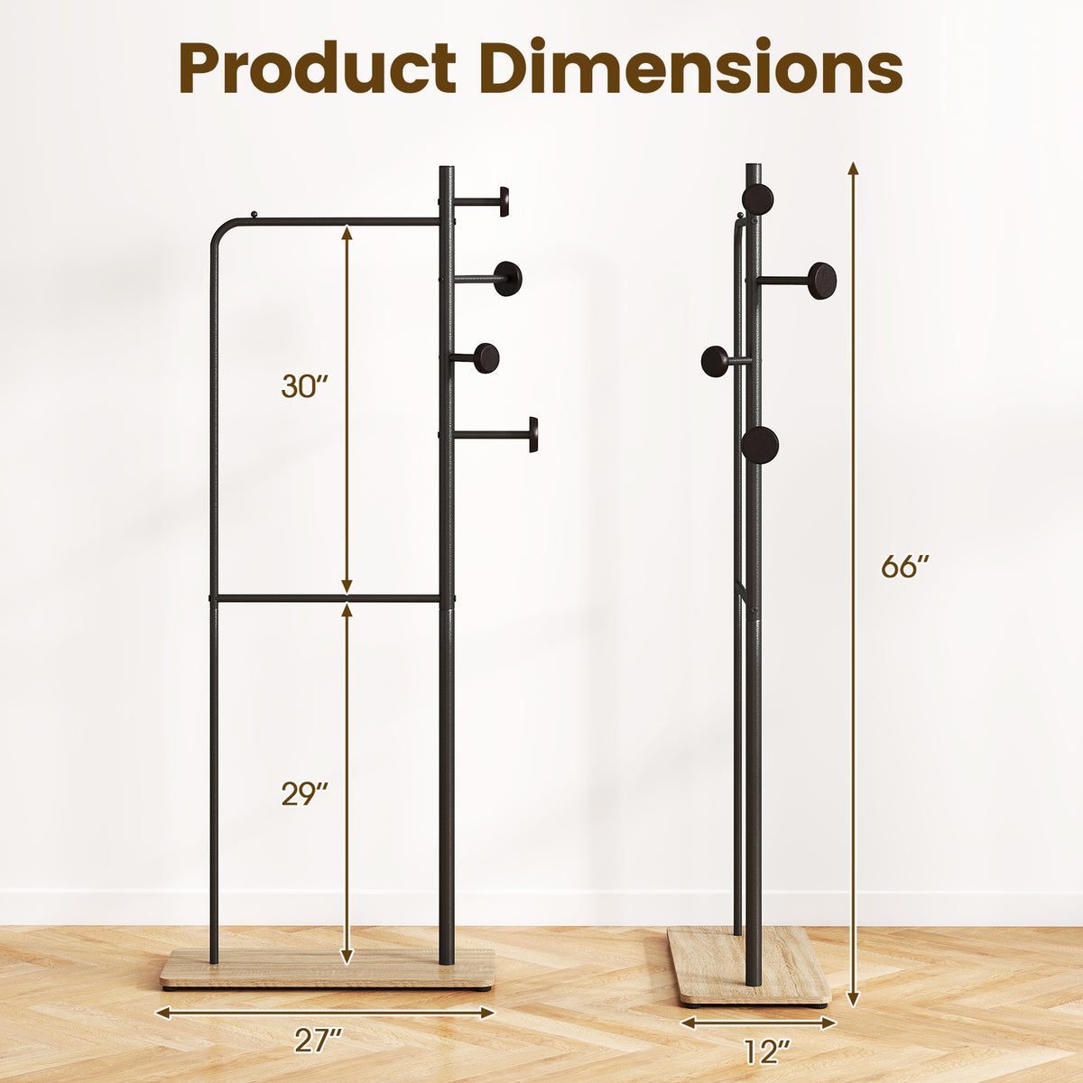Double Rods Clothes Hanging Rack with Hooks & Shelf
