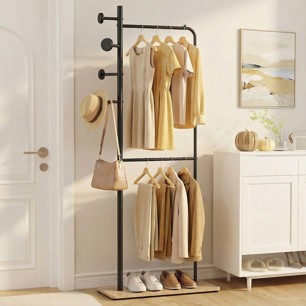 Double Rods Clothes Hanging Rack with Hooks & Shelf