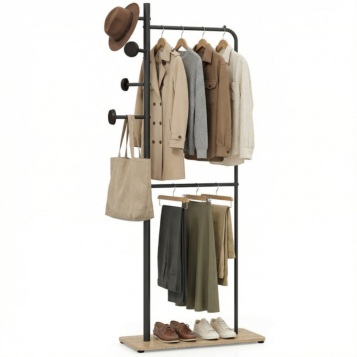 Freestanding Coat Rack with 4 Shelves and 6 Hooks - Rustic Brown