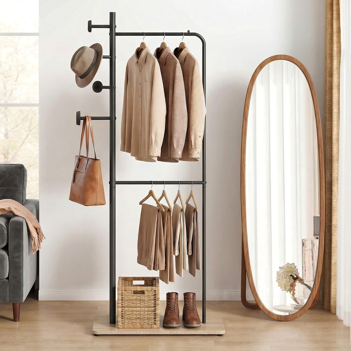 Double Rods Clothes Hanging Rack with Hooks & Shelf