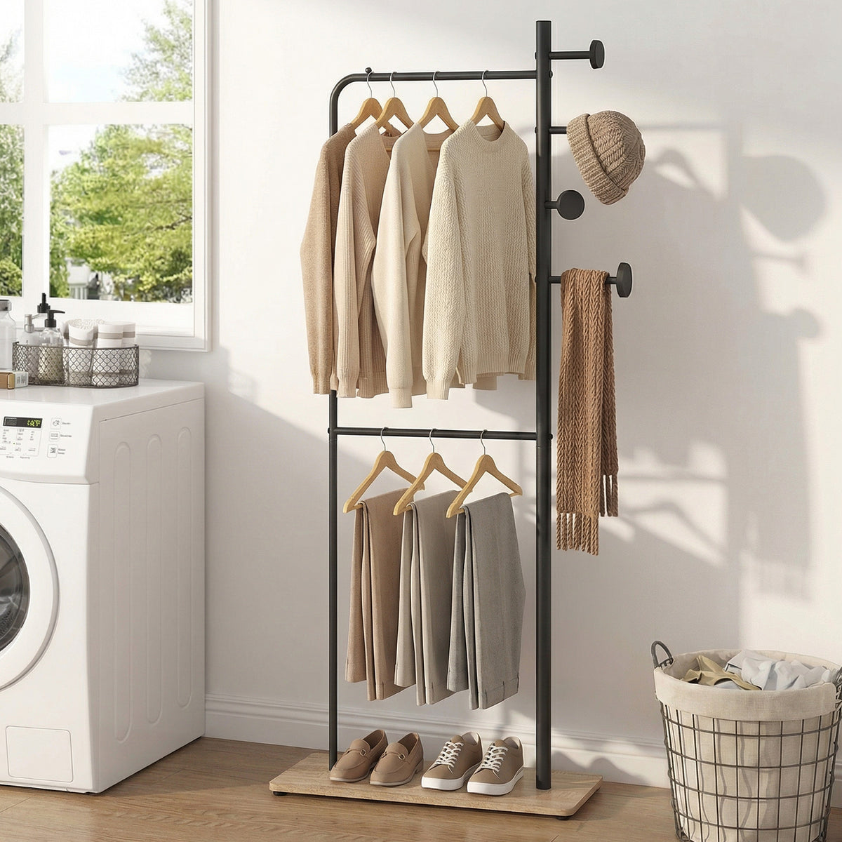 Double Rods Clothes Hanging Rack with Hooks & Shelf