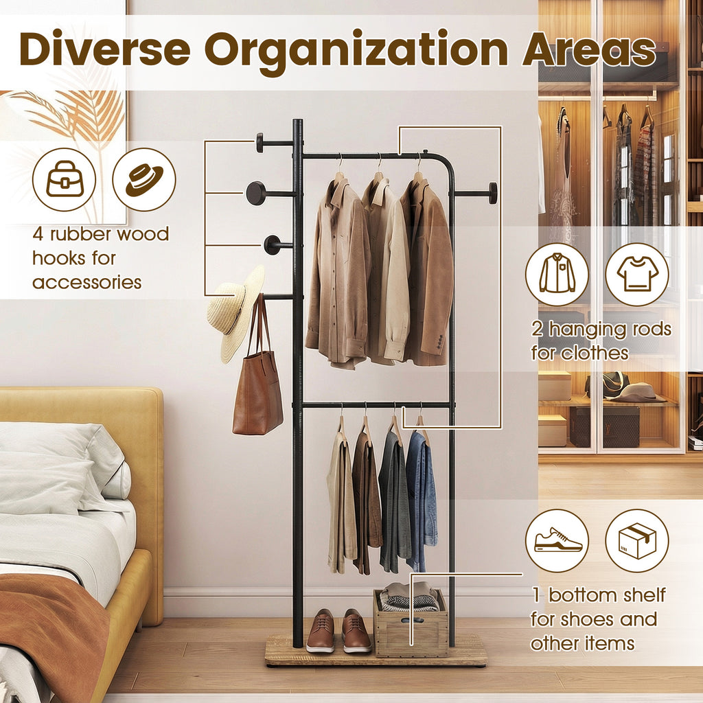 Double Rods Clothes Hanging Rack with Hooks & Shelf