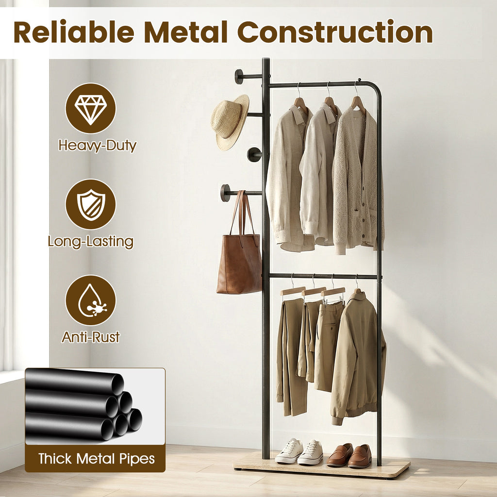 Double Rods Clothes Hanging Rack with Hooks & Shelf