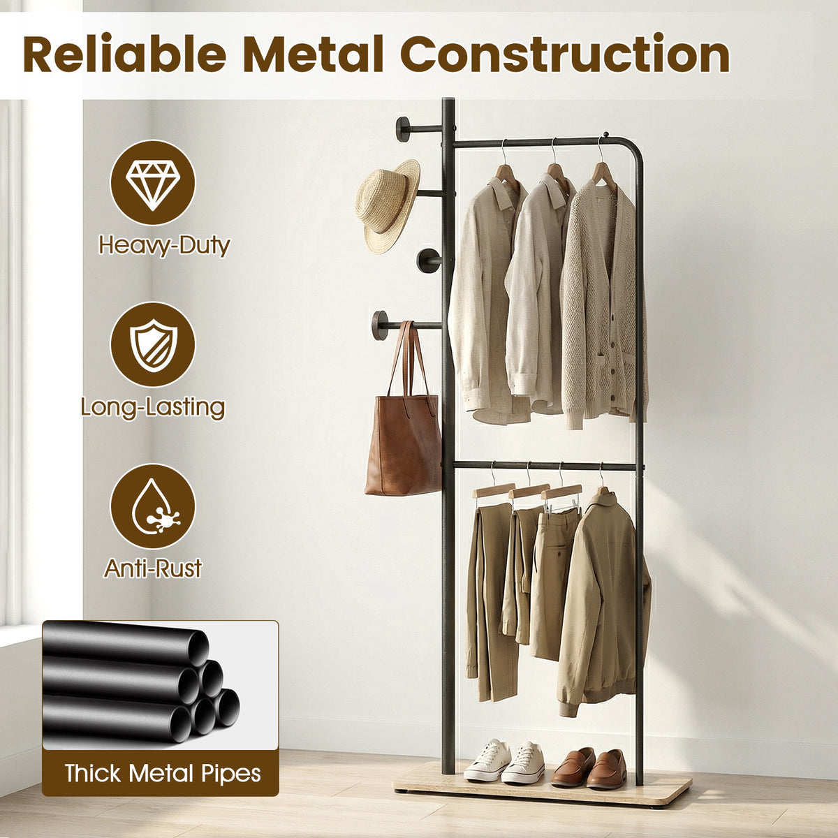Double Rods Clothes Hanging Rack with Hooks & Shelf