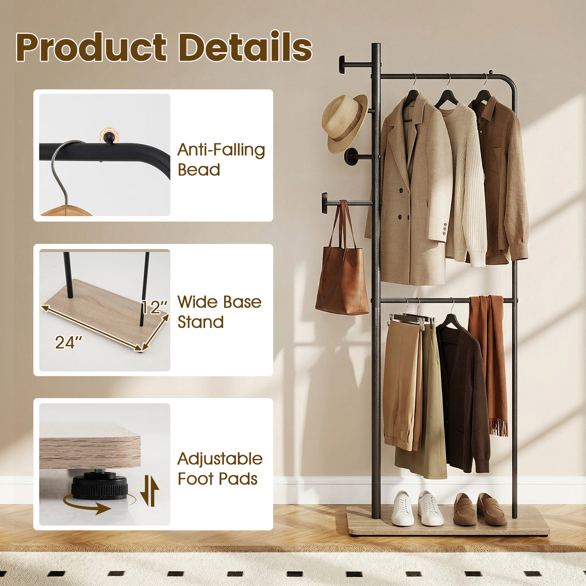 Double Rods Clothes Hanging Rack with Hooks & Shelf