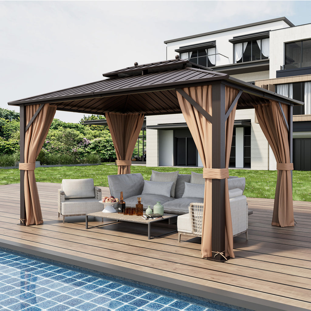 10x13 Patio Hardtop Gazebo with Double Roof & Netting - Coffee