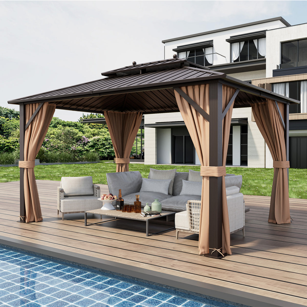 10x13 Patio Hardtop Gazebo with Double Roof & Netting - Coffee