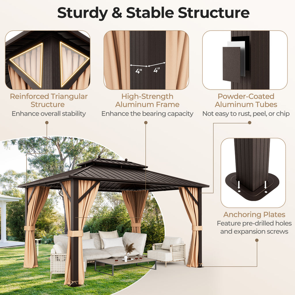 10x13 Patio Hardtop Gazebo with Double Roof & Netting - Coffee