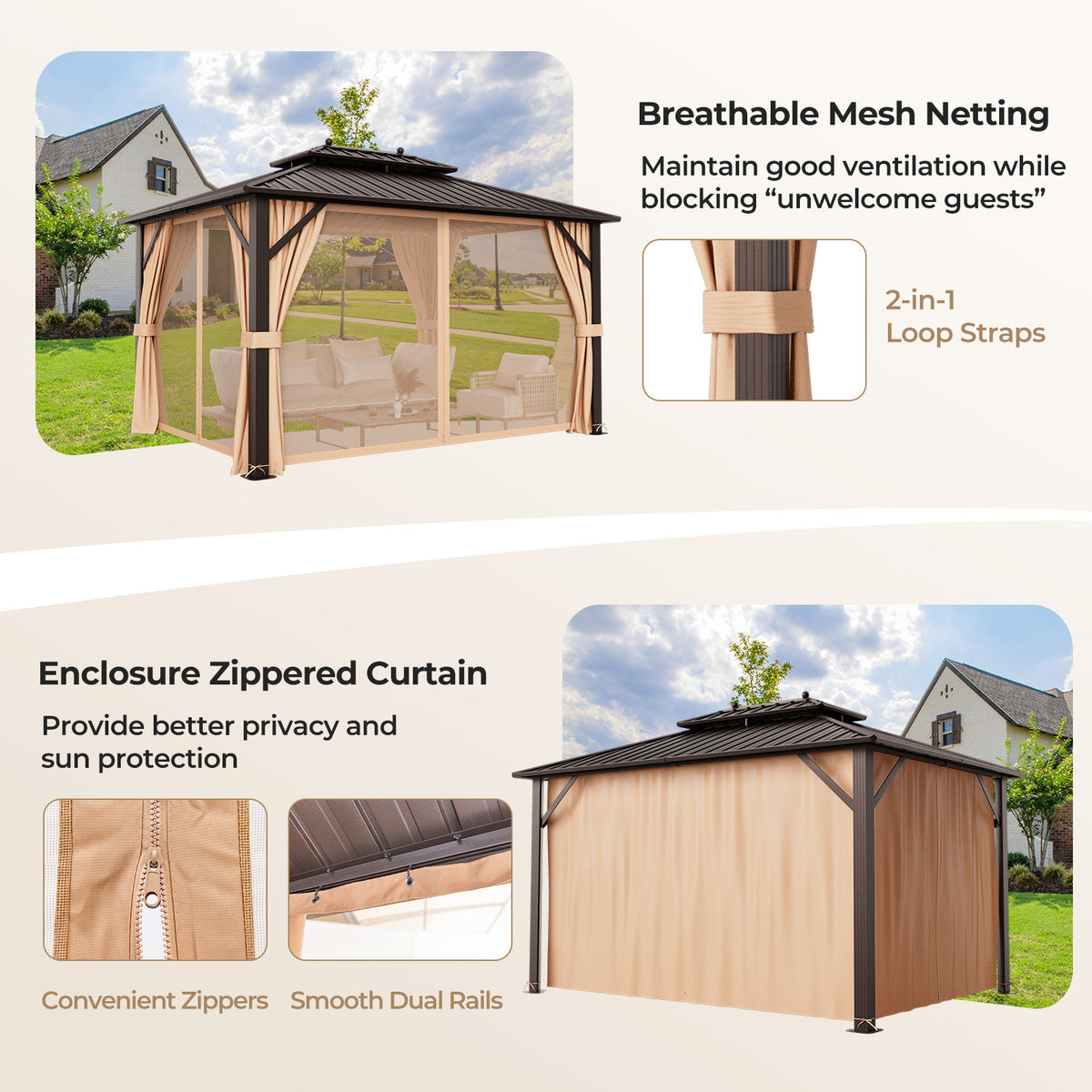 10x13 Patio Hardtop Gazebo with Double Roof & Netting - Coffee