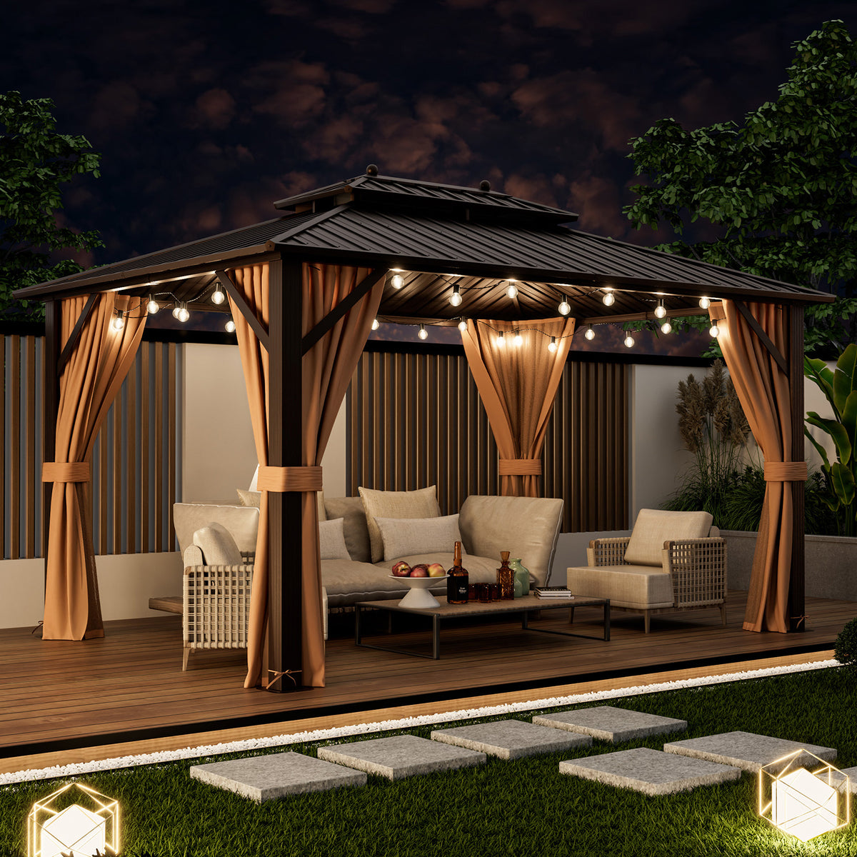 10x13 Patio Hardtop Gazebo with Double Roof & Netting - Coffee