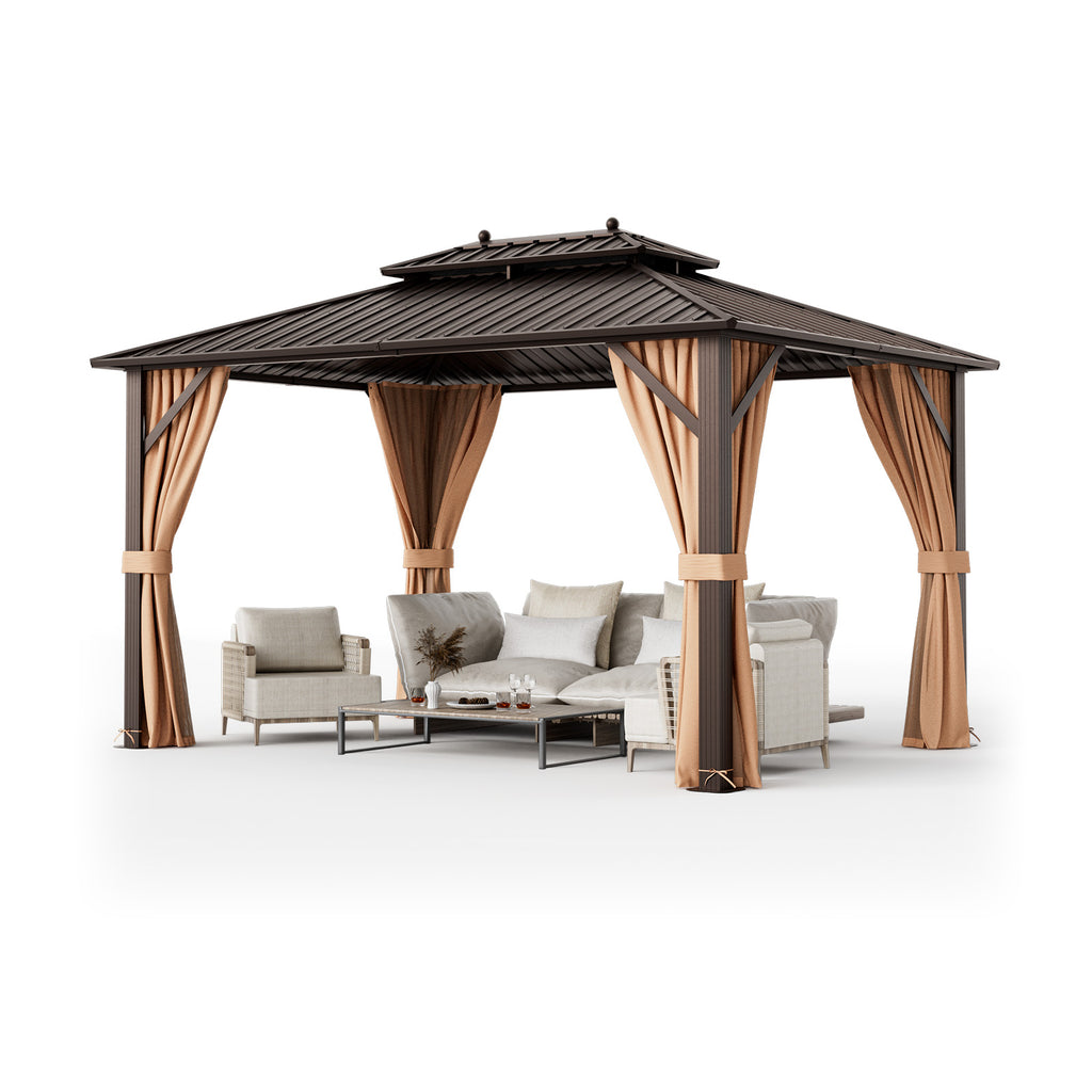 10x13 Patio Hardtop Gazebo with Double Roof & Netting - Coffee