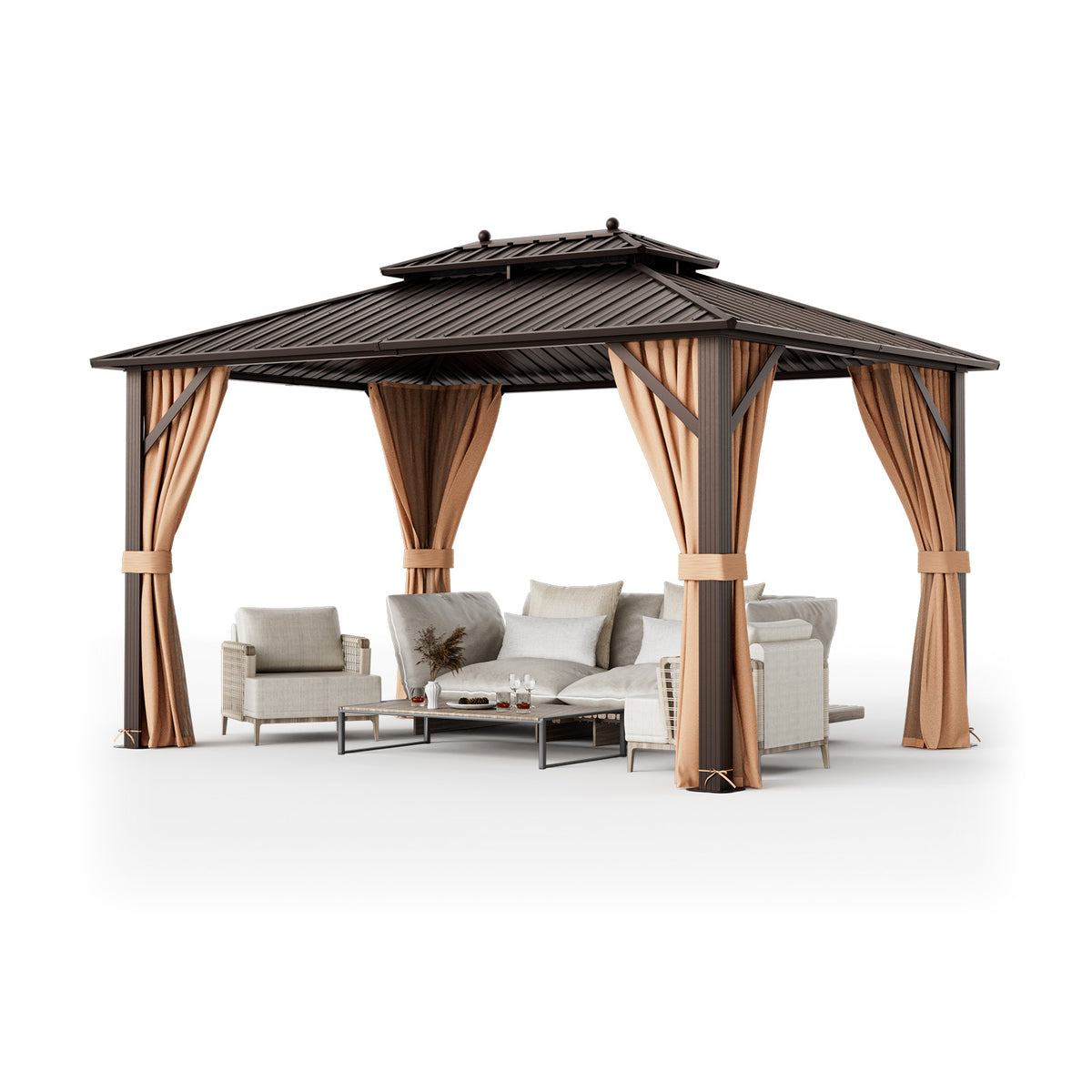 10x13 Patio Hardtop Gazebo with Double Roof & Netting - Coffee