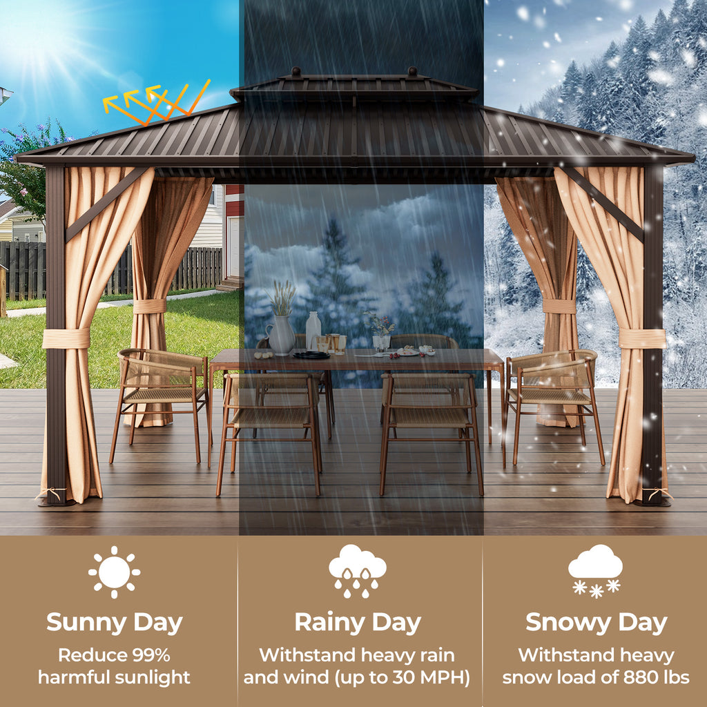 10x13 Patio Hardtop Gazebo with Double Roof & Netting - Coffee