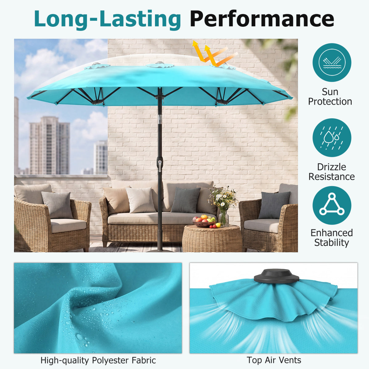 Double-Sided Patio Umbrella with Push Button Tilt Crank Handle