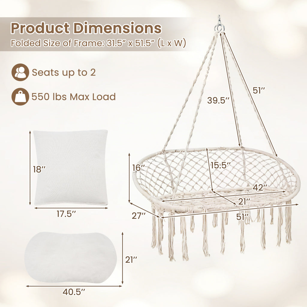 Double Swing Chair with Cushions Macrame Hanging Hammock for Indoor