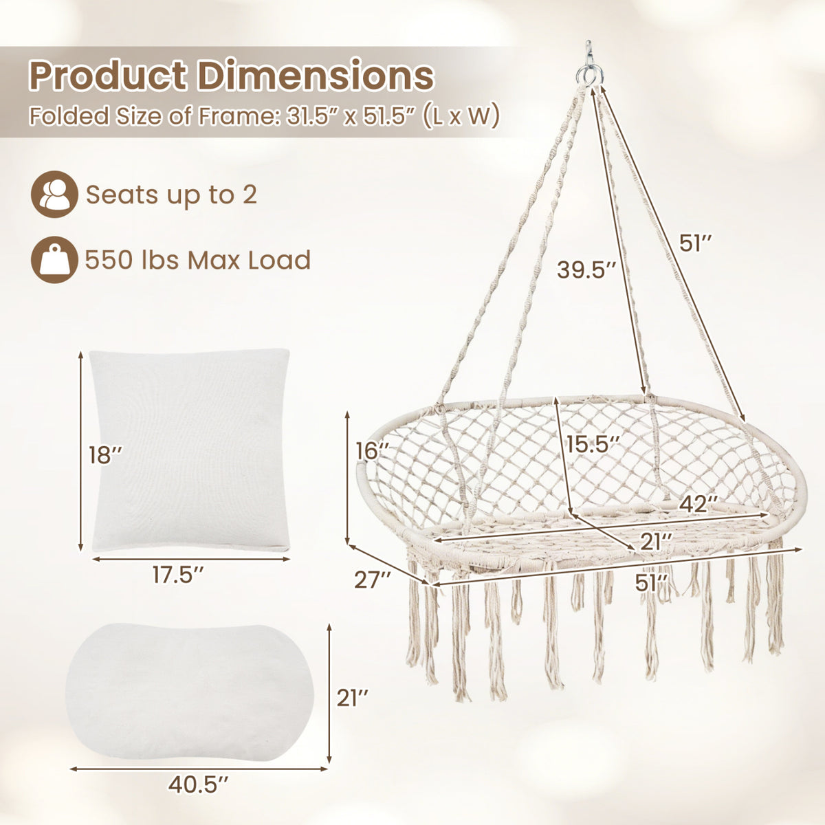 Double Swing Chair with Cushions Macrame Hanging Hammock for Indoor