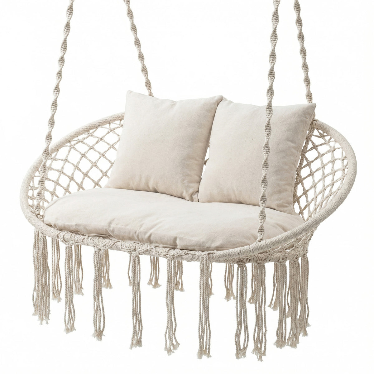 Double Swing Chair with Cushions Macrame Hanging Hammock for Indoor
