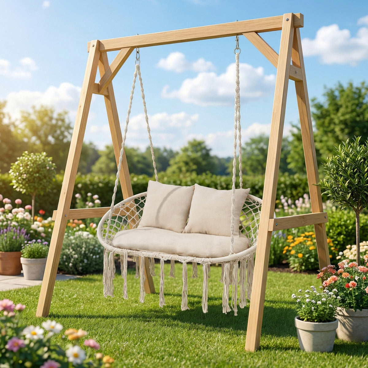 Double Swing Chair with Cushions Macrame Hanging Hammock for Indoor