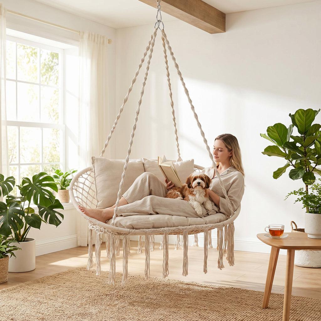Double Swing Chair with Cushions Macrame Hanging Hammock for Indoor