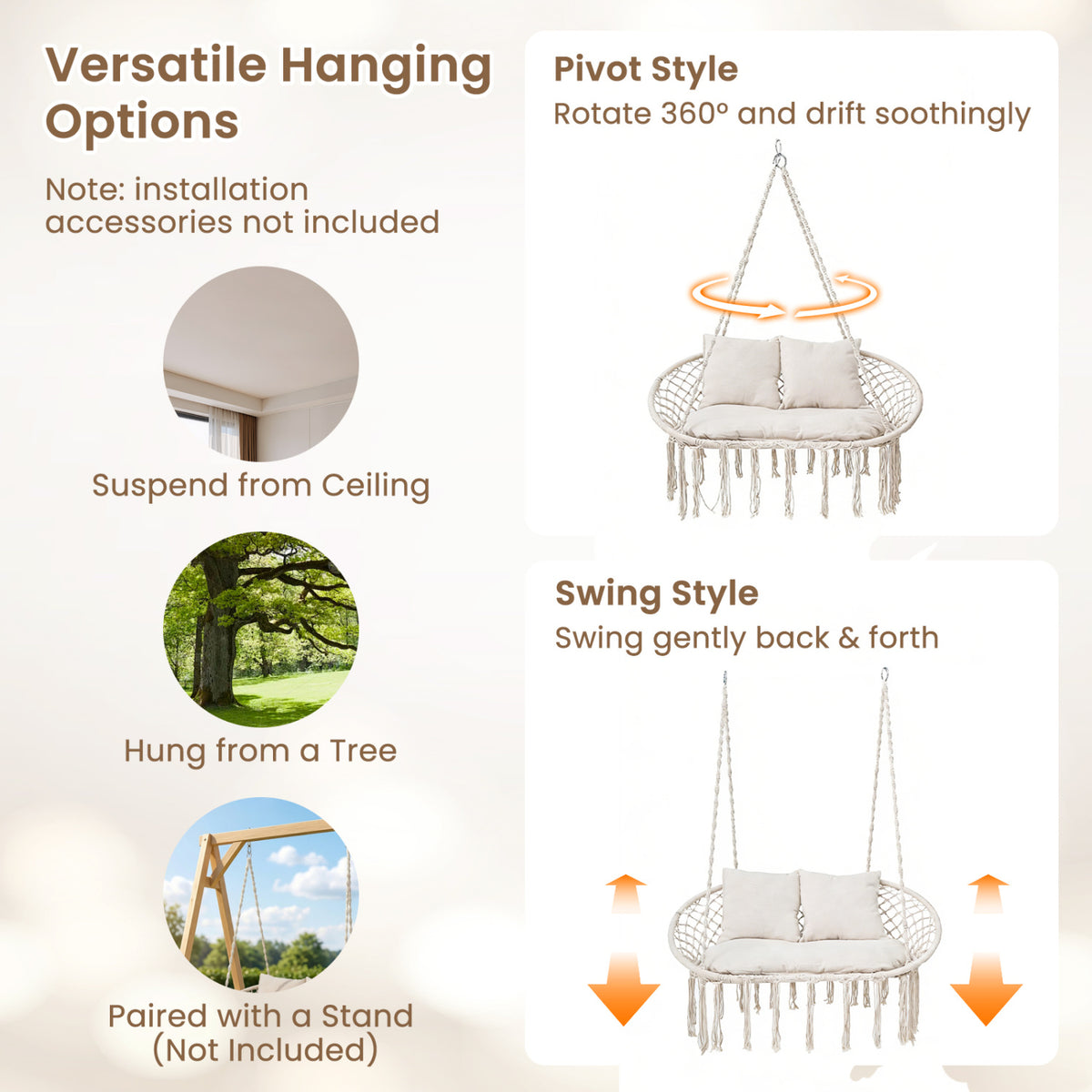 Double Swing Chair with Cushions Macrame Hanging Hammock for Indoor