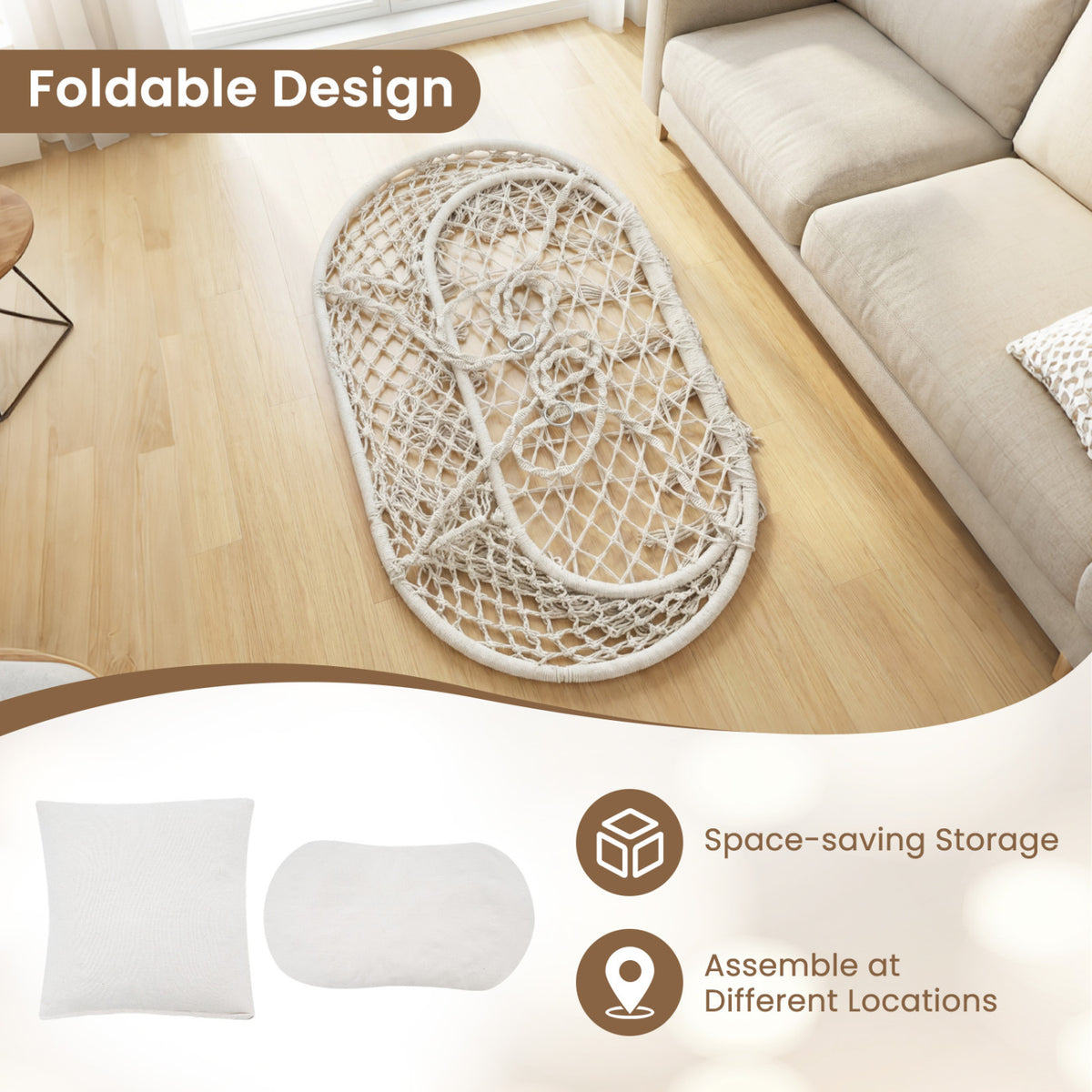 Double Swing Chair with Cushions Macrame Hanging Hammock for Indoor