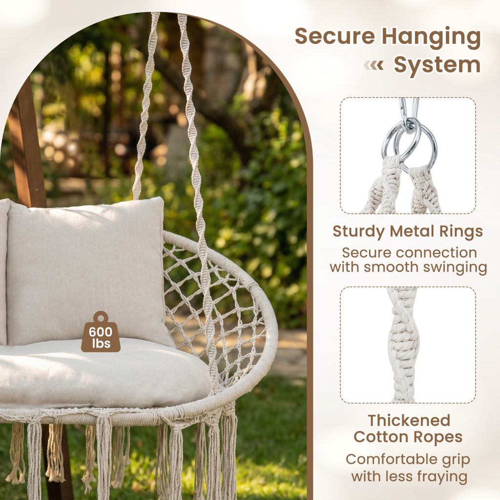 Double Swing Chair with Cushions Macrame Hanging Hammock for Indoor