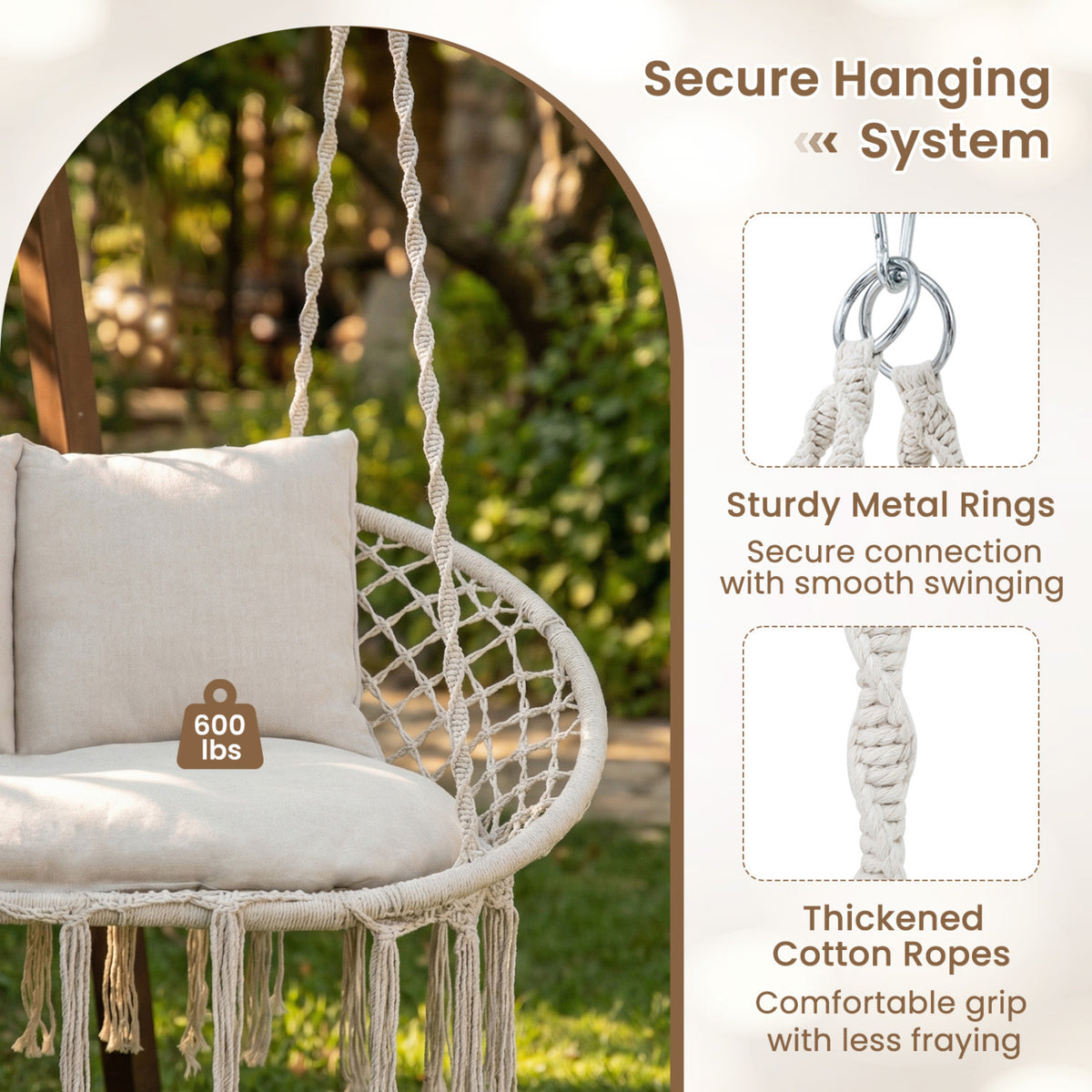 Double Swing Chair with Cushions Macrame Hanging Hammock for Indoor