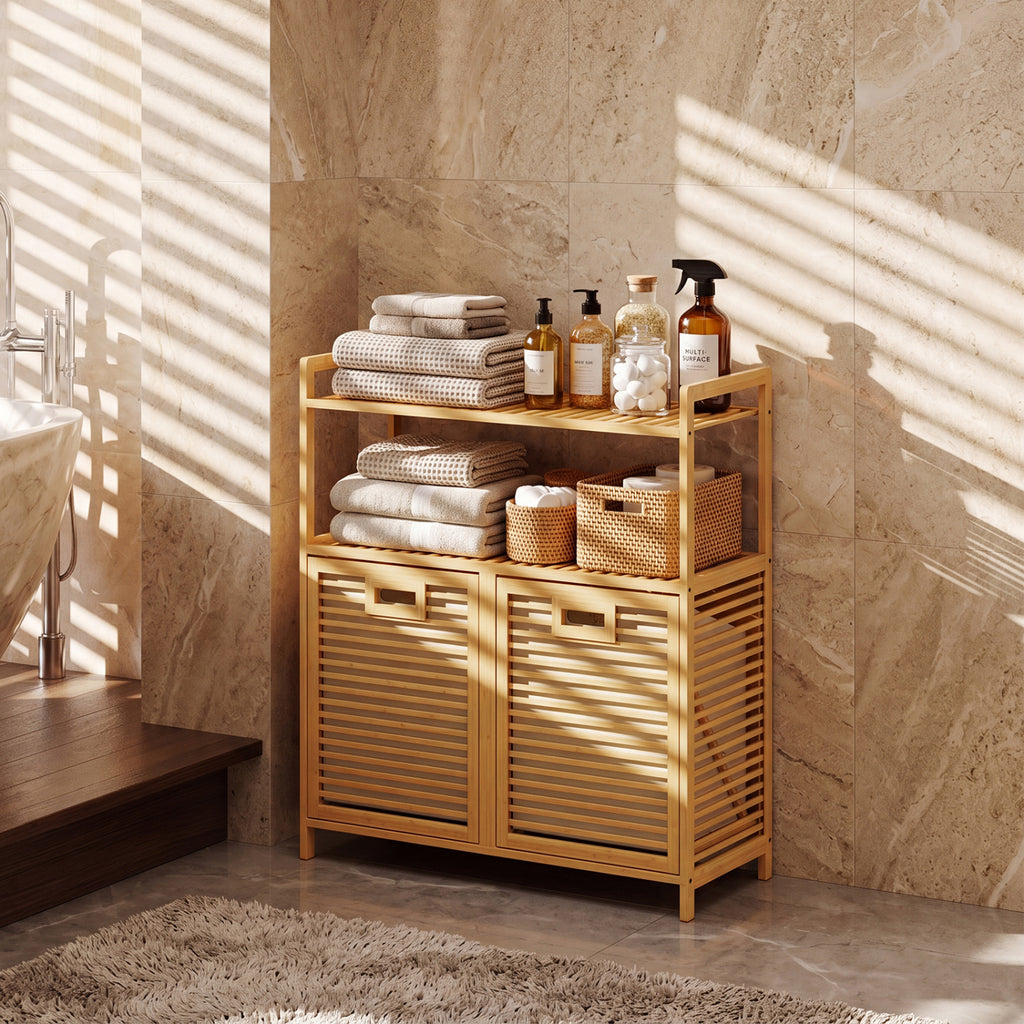 Double Tilt-Out Laundry Hamper with 2 Shelves - Natural
