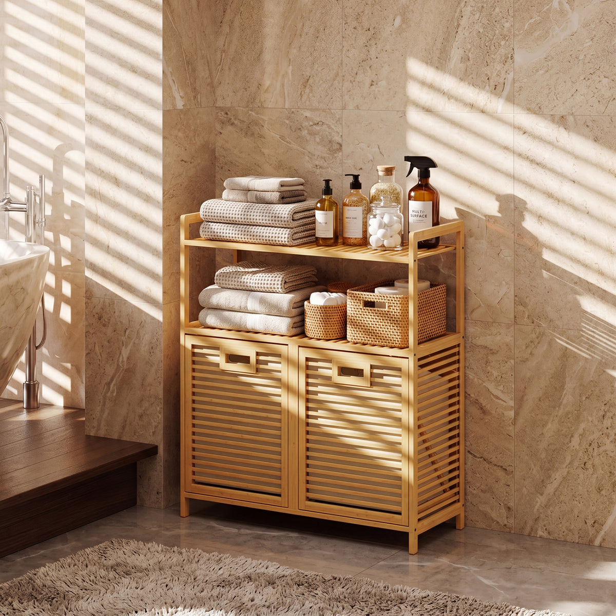 Double Tilt-Out Laundry Hamper with 2 Shelves - Natural