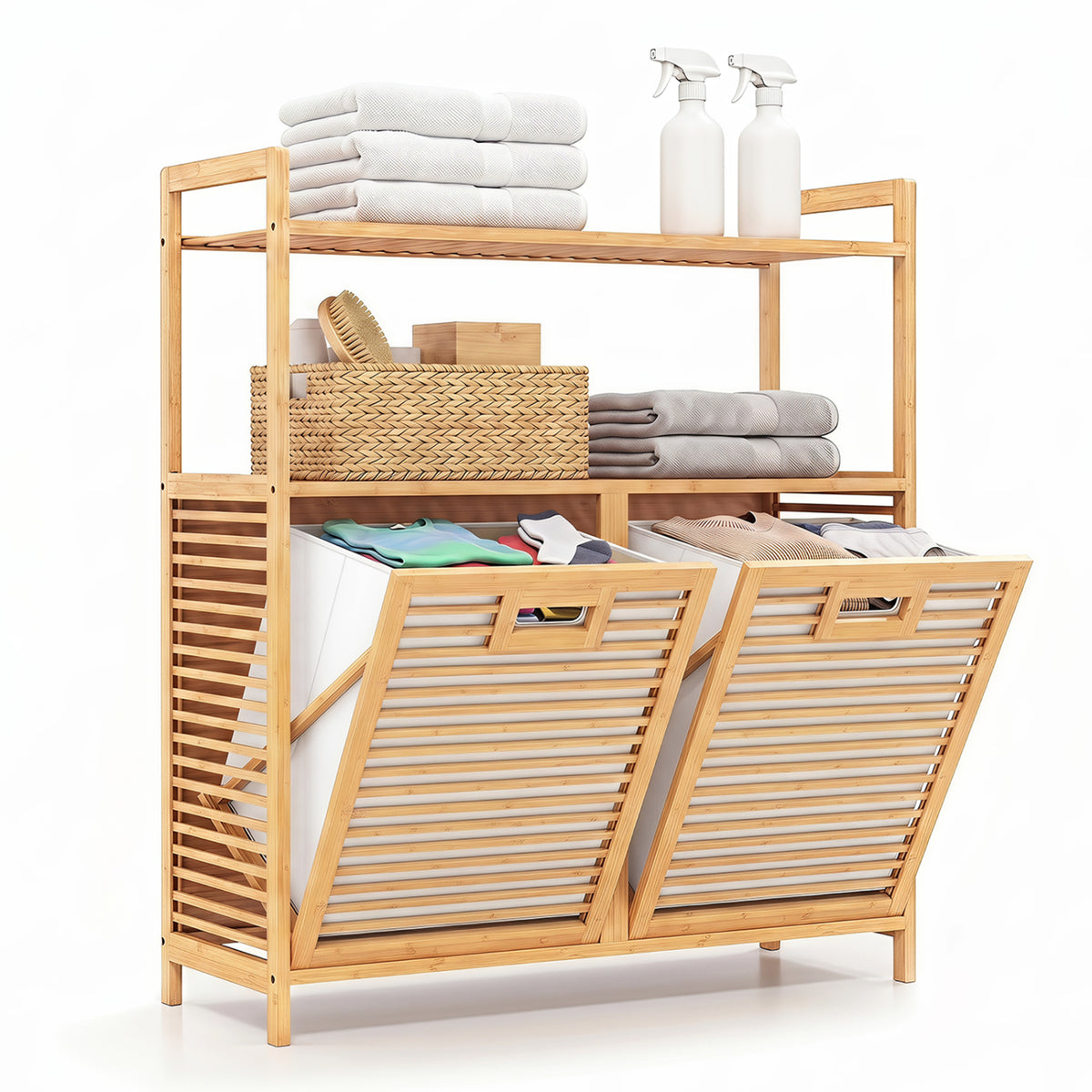 Double Tilt-Out Laundry Hamper with 2 Shelves - Natural