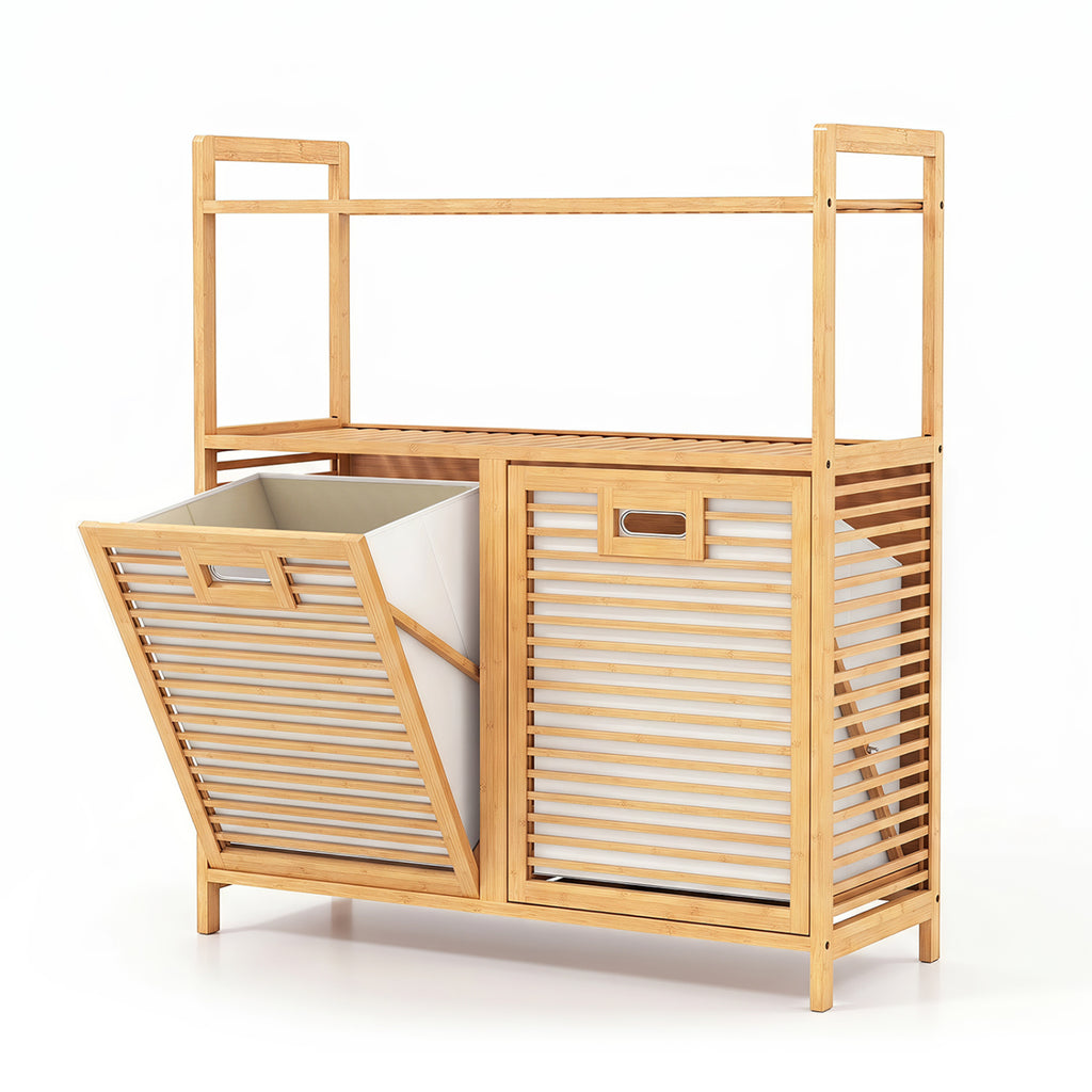 Double Tilt-Out Laundry Hamper with 2 Shelves - Natural