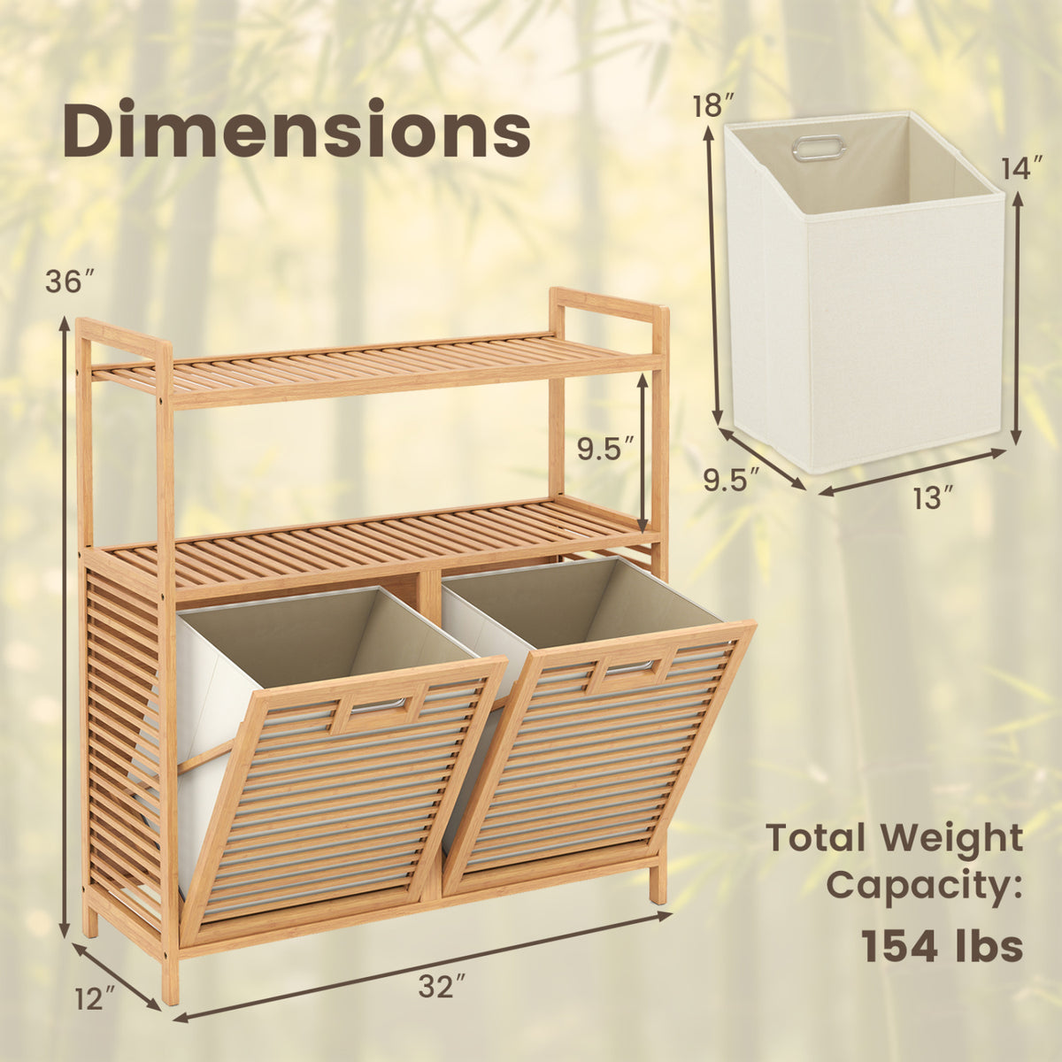 Double Tilt-Out Laundry Hamper with 2 Shelves - Natural
