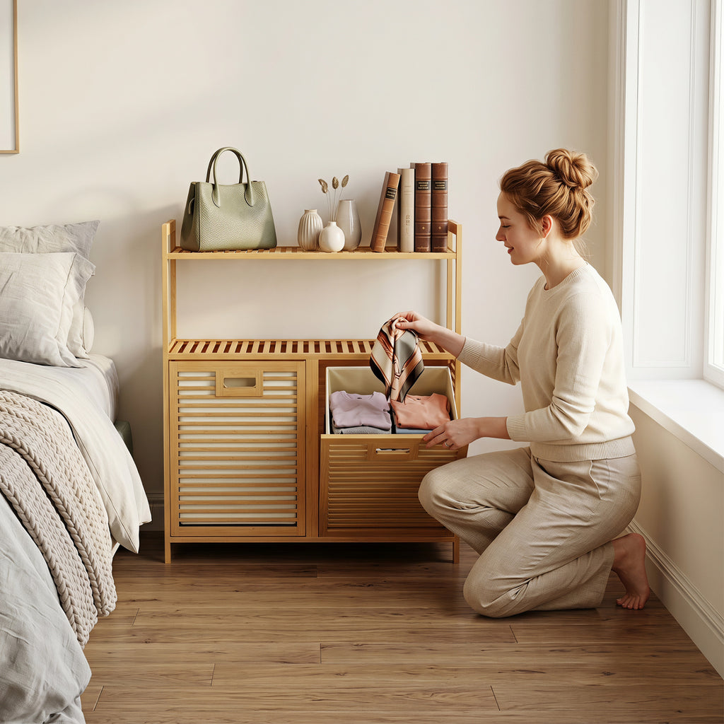 Double Tilt-Out Laundry Hamper with 2 Shelves - Natural