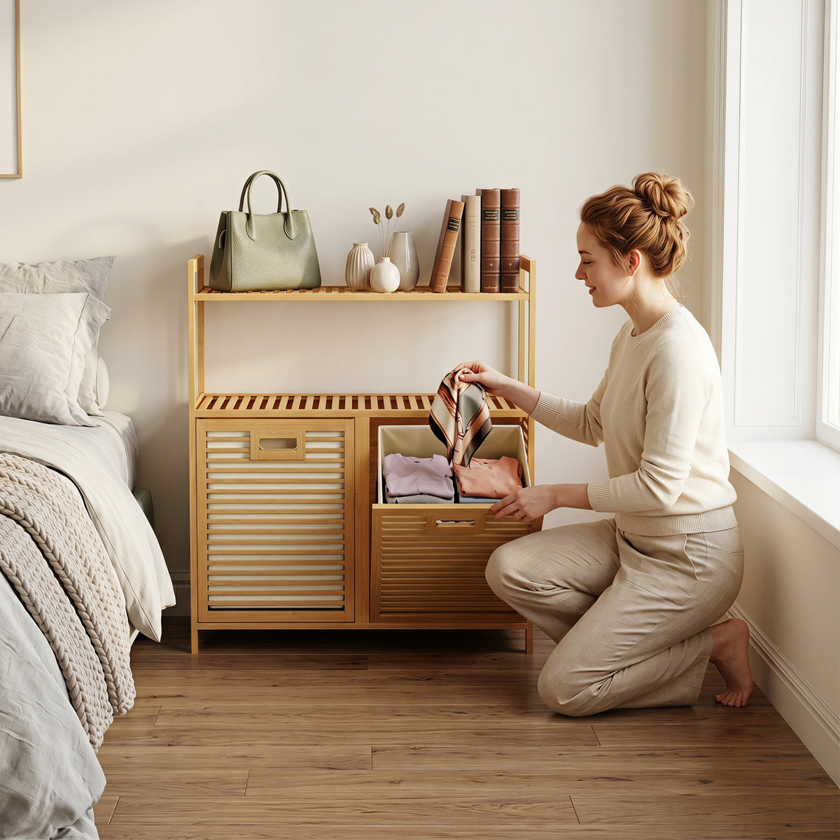 Double Tilt-Out Laundry Hamper with 2 Shelves - Natural