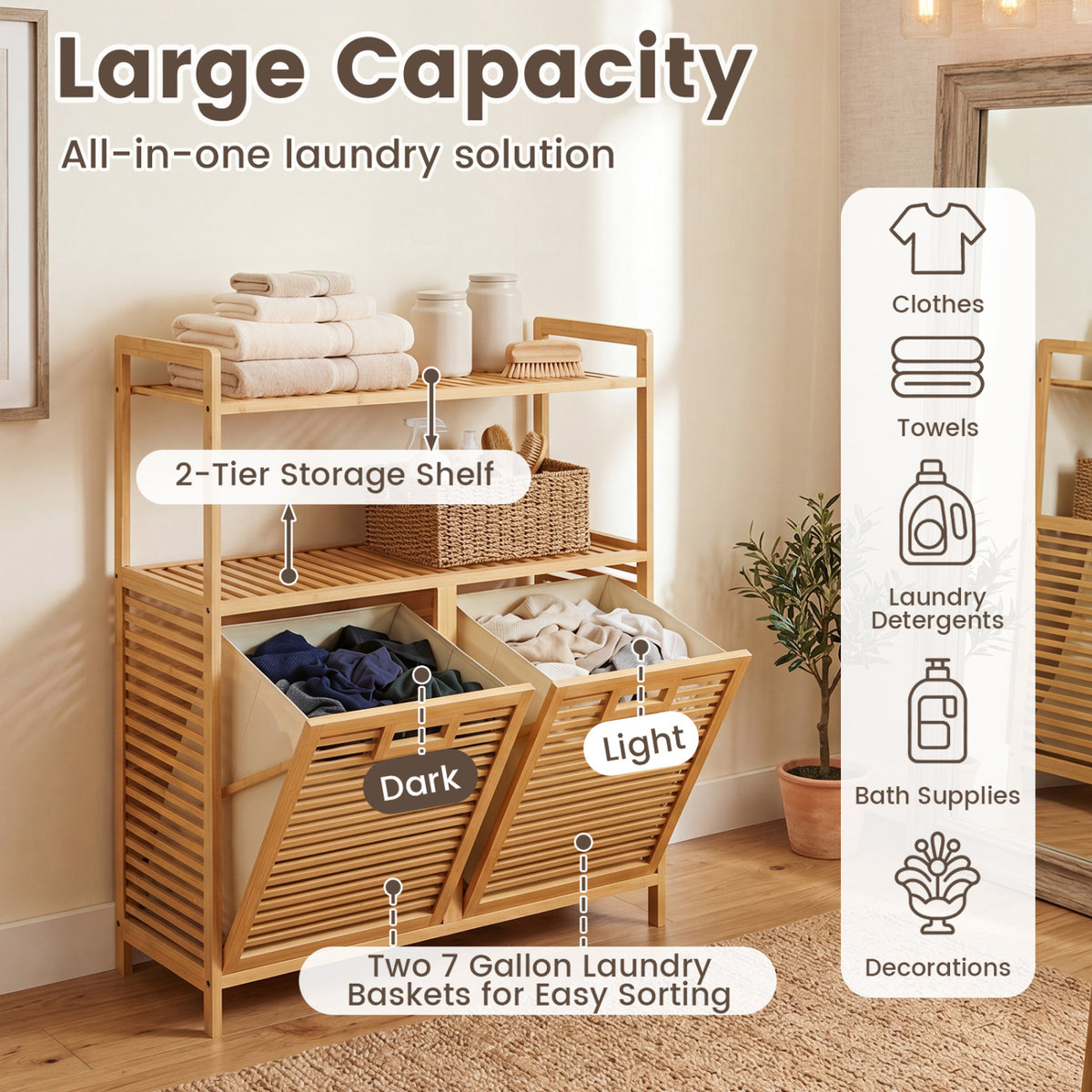 Double Tilt-Out Laundry Hamper with 2 Shelves - Natural