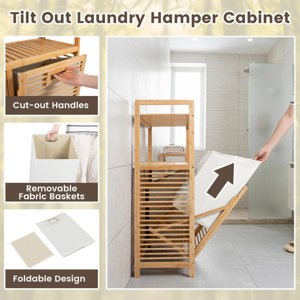 Double Tilt-Out Laundry Hamper with 2 Shelves - Natural