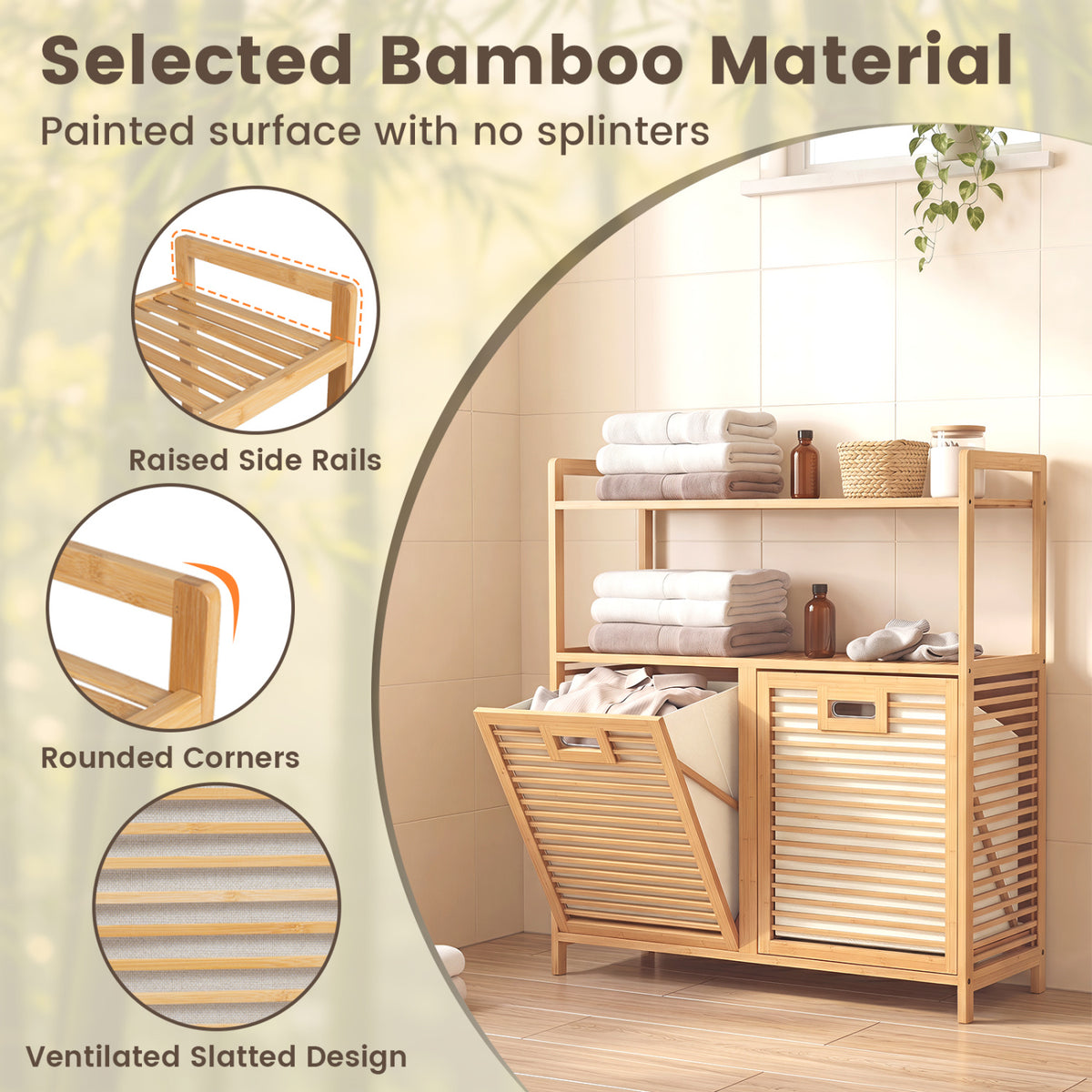 Double Tilt-Out Laundry Hamper with 2 Shelves - Natural