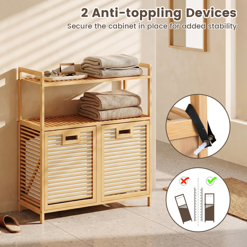 Double Tilt-Out Laundry Hamper with 2 Shelves - Natural