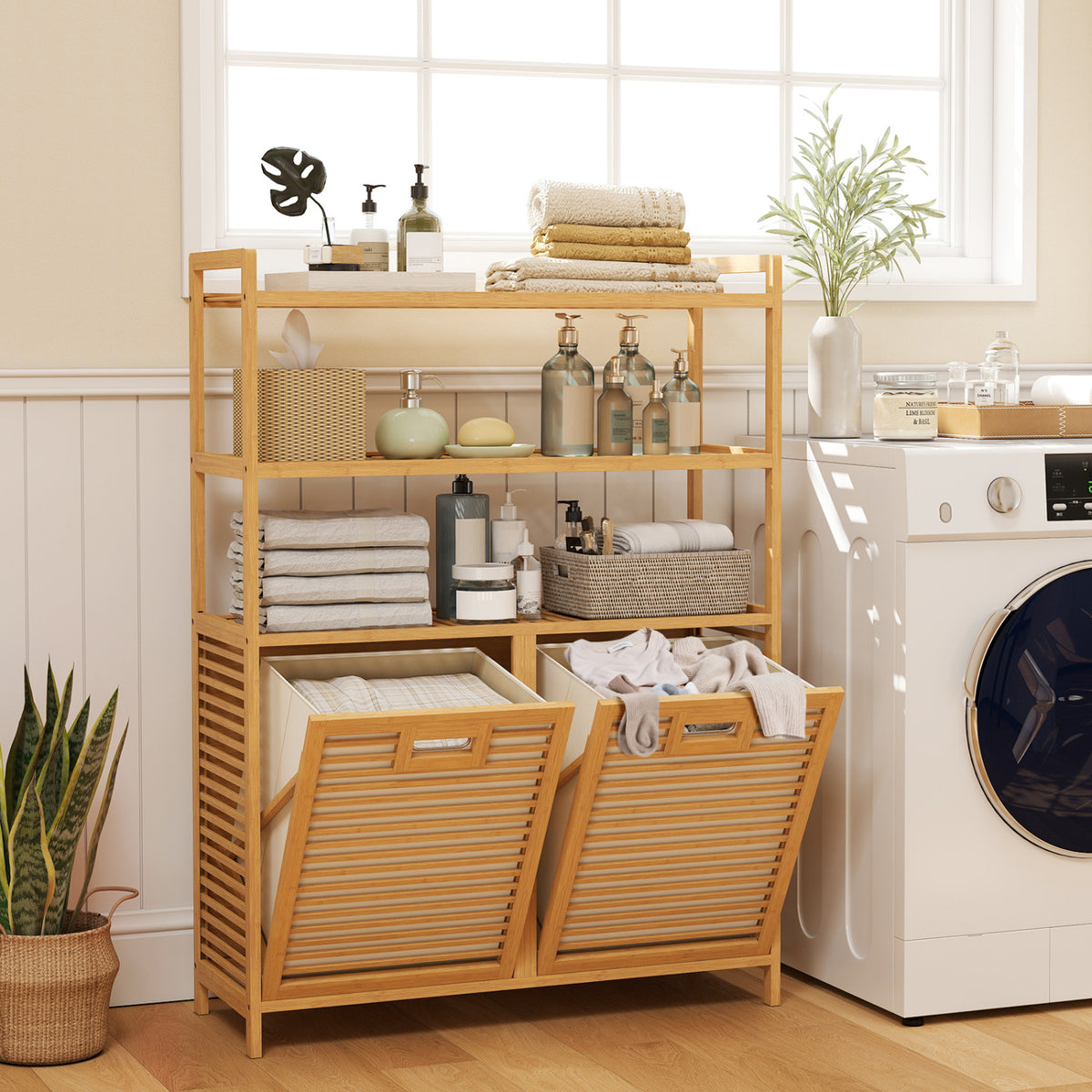 Double Tilt Out Laundry Hamper with 3 Shelves - Natural